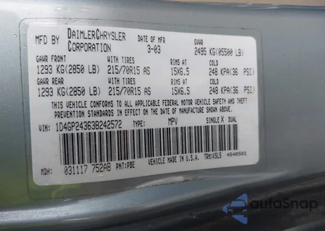 2003 Dodge Grand Caravan Se из США, поврежденный, VIN 1D4GP24363B242572